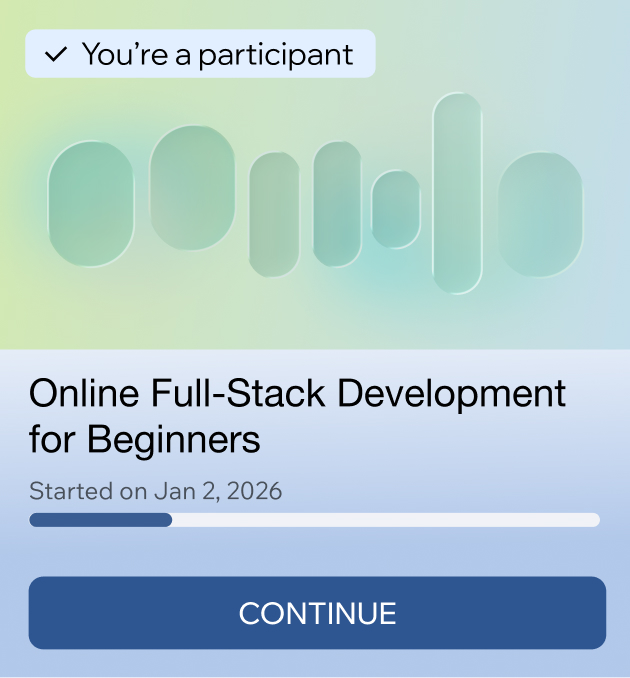 A business tool with an interface for an online full-stack development course with a continue button.