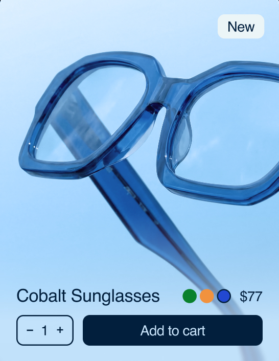 Wix ecomm site featuring it's cart solution business tool for a pair of stylish cobalt sunglasses.