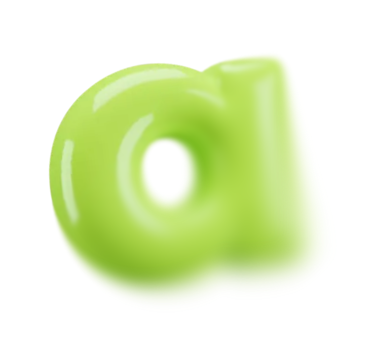 The letter “a” in bubble text.