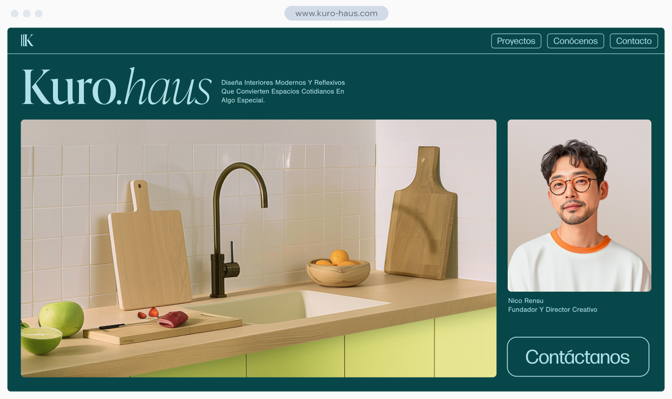 Sitio web de diseño de interiores moderno que muestra un dominio coincidente y la configuración de correo electrónico profesional con direcciones personalizadas.