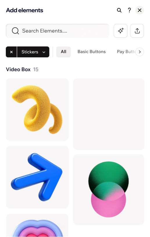 Gallery of decorative 3D shapes and icons in the Add Elements panel