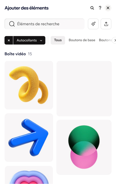 Une galerie de formes et d'icônes 3D décoratives dans le panneau « Ajouter des éléments ».