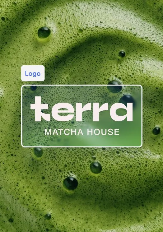 Modern logo for a brand called Terra Matcha House. The logo is set against a detailed, close-up image of the foam on top of a green matcha latte.