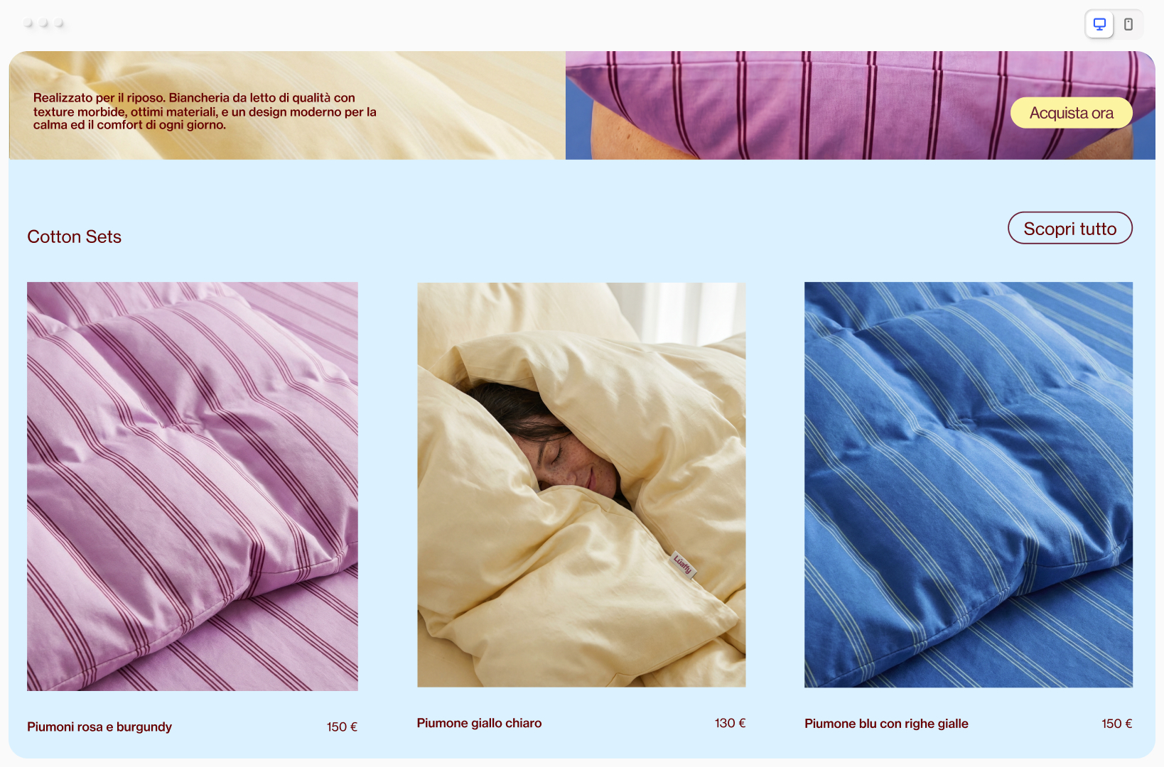 Una home page per un sito web dedicato alla biancheria da letto