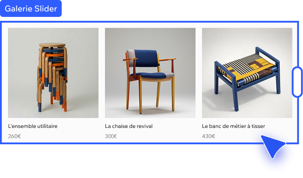 Composant de galerie de diaporama présentant trois meubles uniques intégrés à un site.