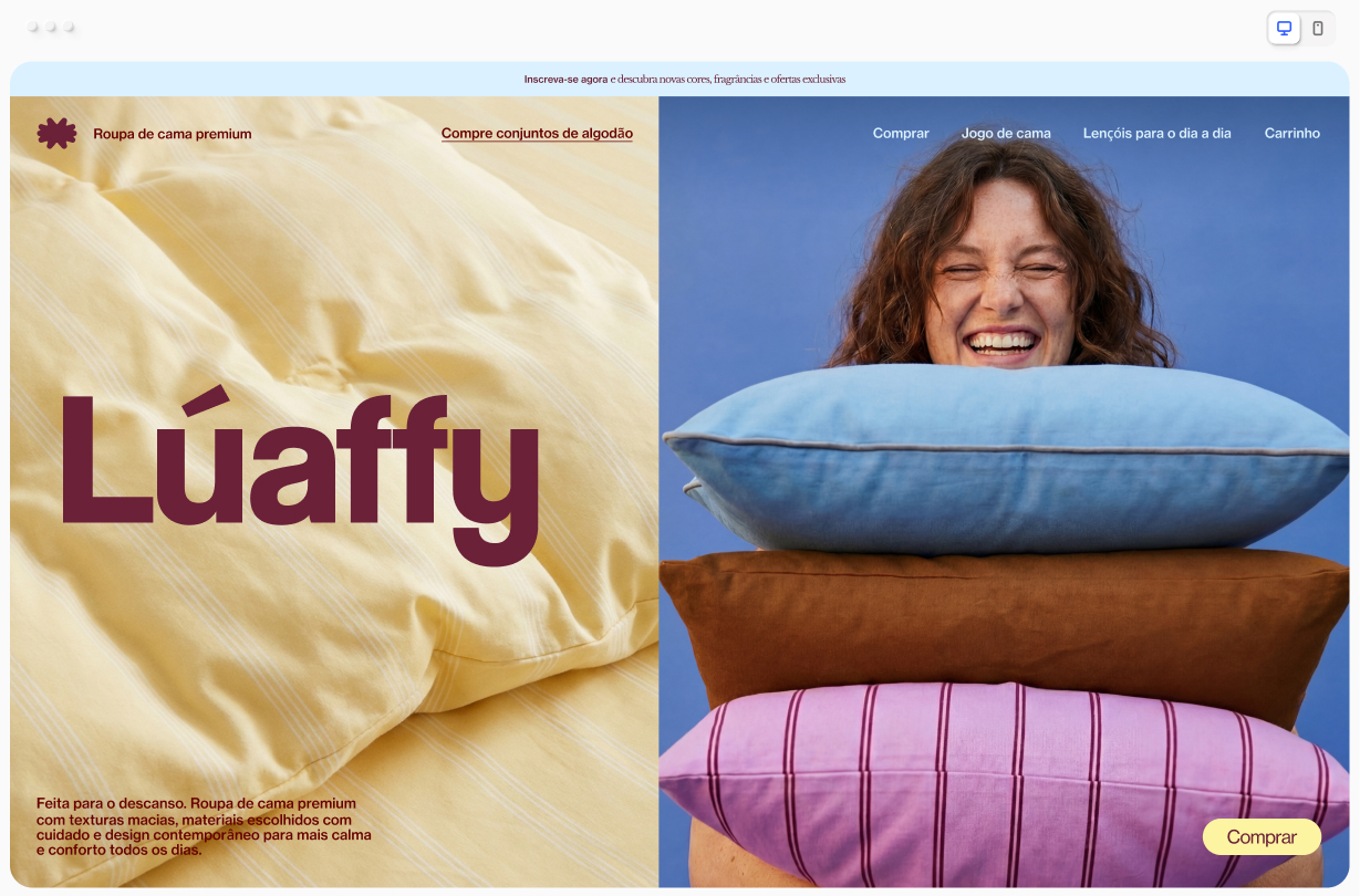 Página inicial de um site de roupas de cama.