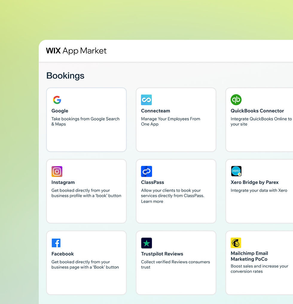 Booking integrations featuring various apps on the Wix app marketplace.