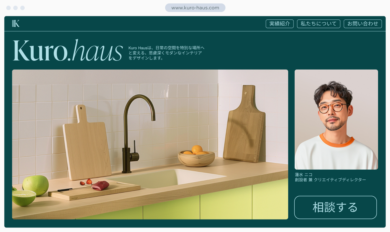 独自ドメインとカスタムアドレスのビジネスメール設定を表示した、モダンなインテリアデザインのWebサイト。