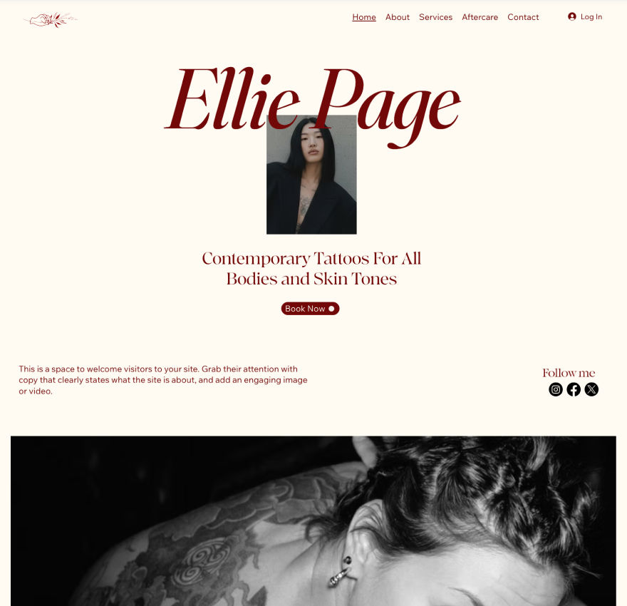 Website template for Ellie Page tattoos with a clean and simple design.