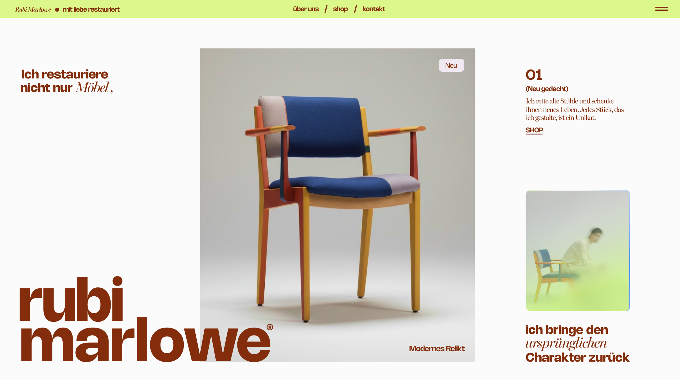 Rubi Marlowe mit Liebe restauriert über uns Shop kontakt Hinzufügen Elemente hinzufügen  nicht nur  Neu 01 Suchen Ich restauriere Möbel , (Neu gedacht) Stores Wix Stores Warenkorb-Symbol Related Apps Ich rette alte Stühle und schenke ihnen neues Leben. Jedes Stück, das ich gestalte, ist ein Unikat. Slidergalerie SHOP Slidergalerie Das Utility-Set The Revival Chair Soft Cashmere Sweater Minimal Phone Case $20.00 $200.00 $180.00 $80.00 $15.00 Das Utility-Set Der Revival-Stuhl Die Loom-Bank 260€ 300€ 430€ Best Seller Marlowe ® ich bringe den Modernes Relikt ursprünglichen New Arrival New Arrival.