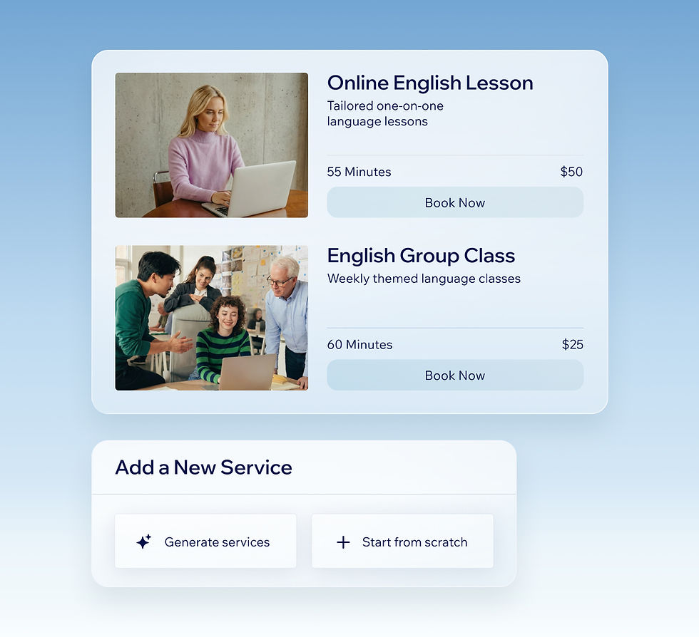 Online booking software interface showcasing language lessons and options to add new services.