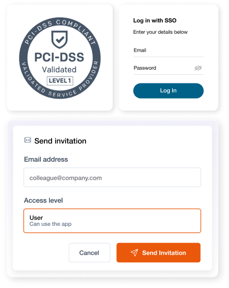 Una interfaz de tres paneles sobre un fondo degradado de color azul melocotón que muestra una insignia PCI-DSS Nivel 1, un formulario “Enviar invitación” y un formulario “Iniciar sesión con SSO”.