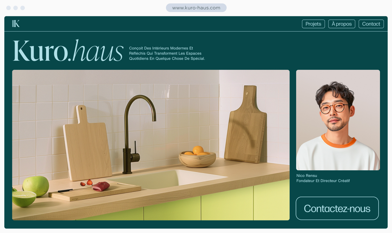 Site web de design d'intérieur moderne présentant un domaine assorti et une configuration d'e-mail professionnel avec des adresses personnalisées.