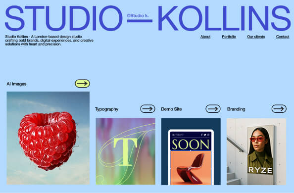 A professional website for an art studio shows colorful images that lead to the studio’s works, over a light blue background.