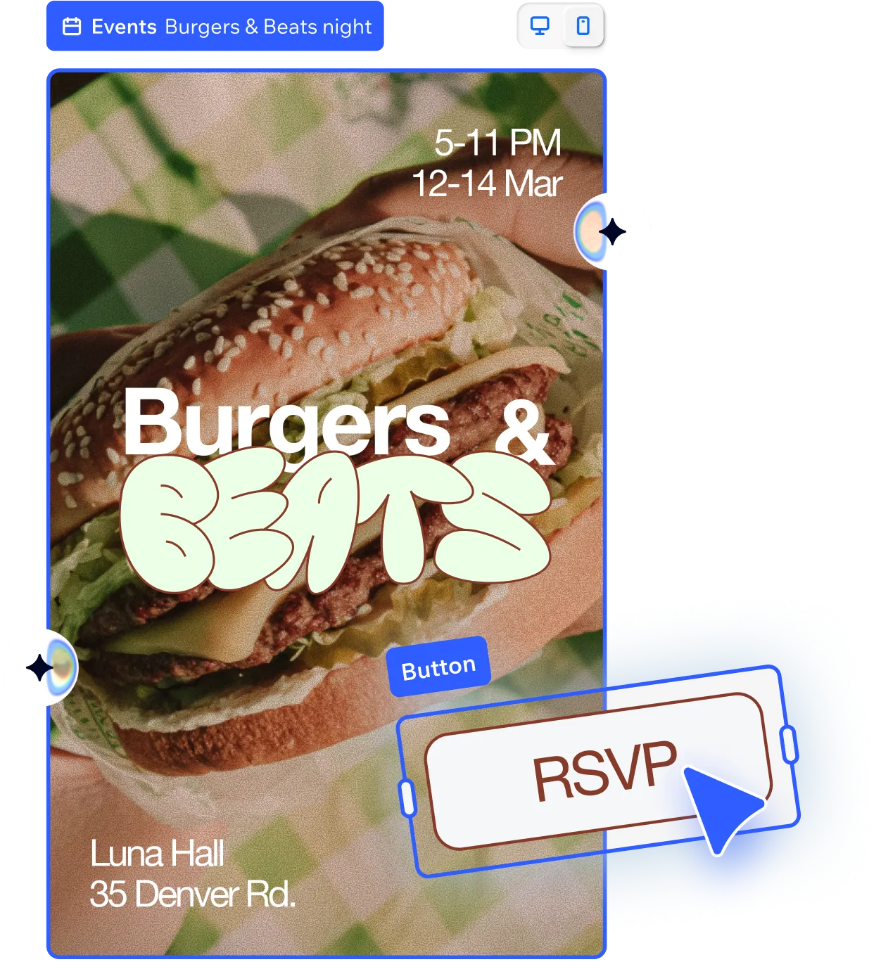 A food-and-music event flyer for ‘Burgers & Beats’ displayed in Wixel’s editor, featuring an RSVP button and mobile preview.