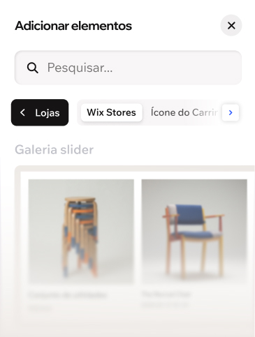Painel Adicionar elementos exibindo um componente de produto com duas peças de mobiliário exclusivas.