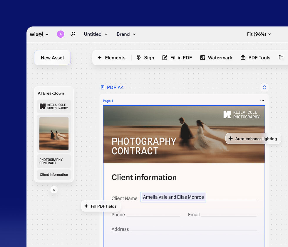 Wixel’s PDF editor showing a photography contract with editable client-name fields and options like auto-enhance lighting.