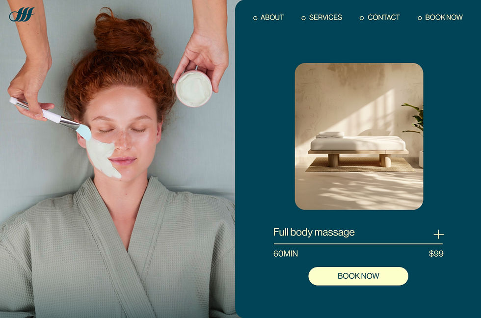 Woman receiving a facial treatment, with an online booking section for services on the side.