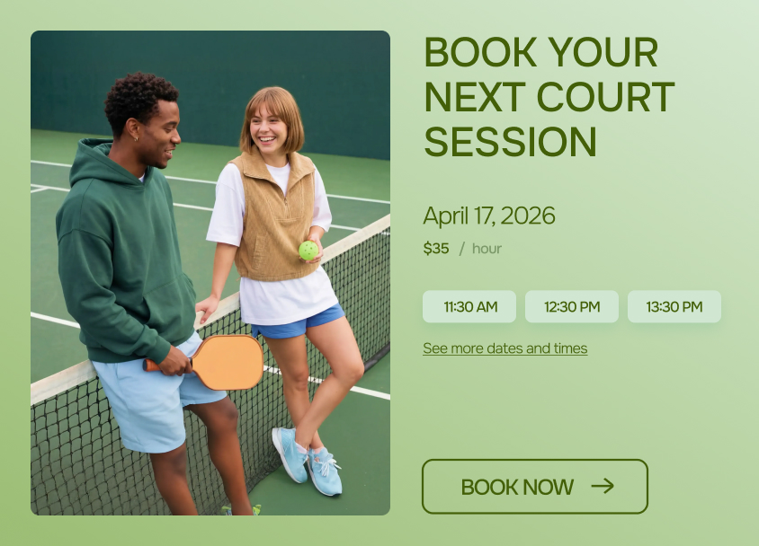 Management software for business booking site for a tennis business featuring time slots to book a court.