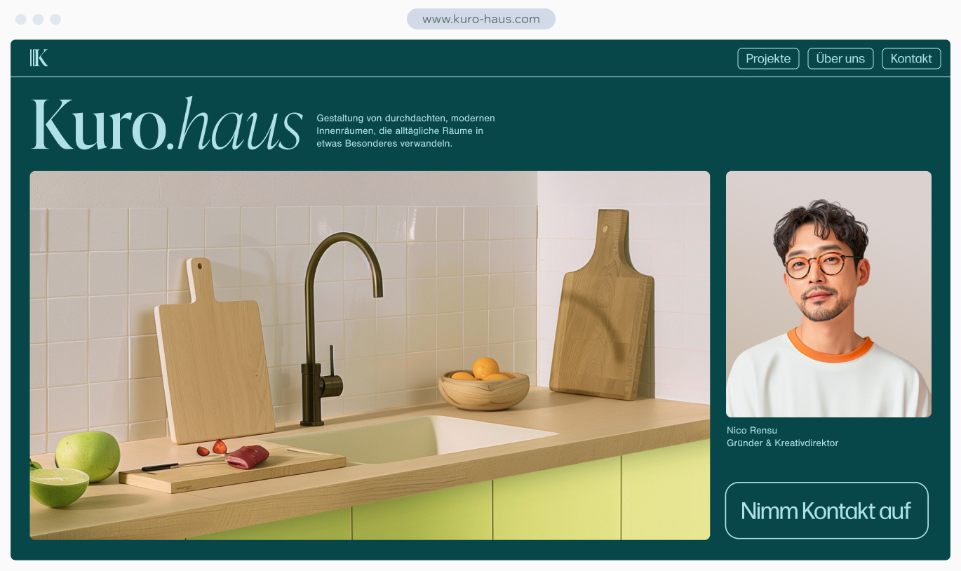 Moderne Website für Innendesign, die eine passende Domain und die Einrichtung professioneller Business-E-Mails mit benutzerdefinierten Adressen zeigt.