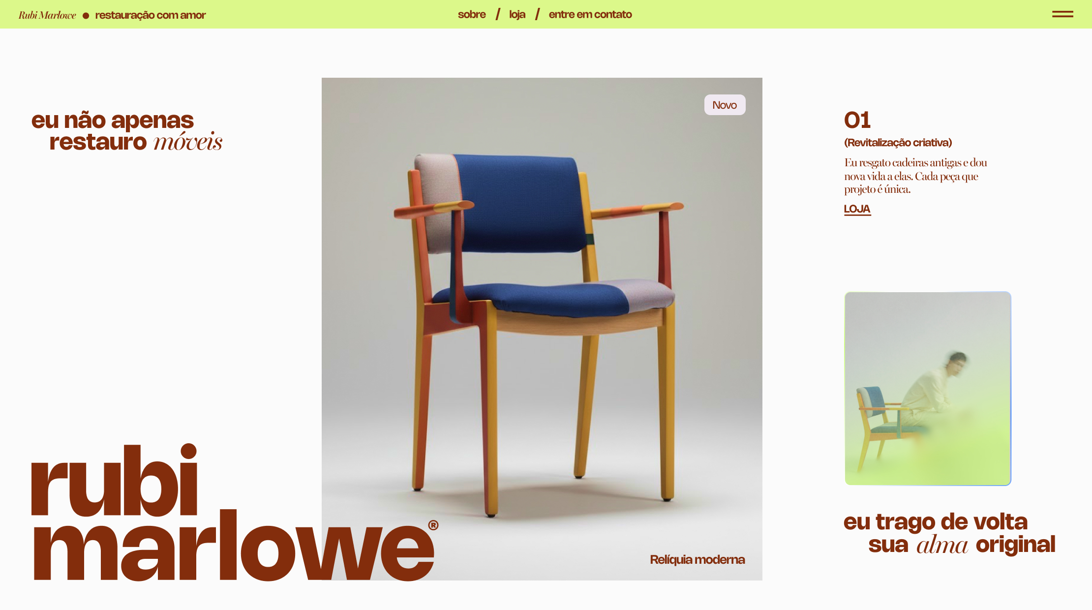 Seção hero da página inicial criada com o criador de sites do Wix para uma loja de móveis, destacando uma cadeira de design.