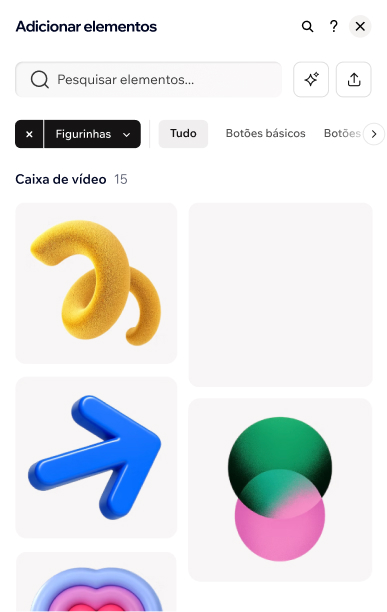 Galeria de formas e ícones decorativos em 3D no painel Adicionar elementos.