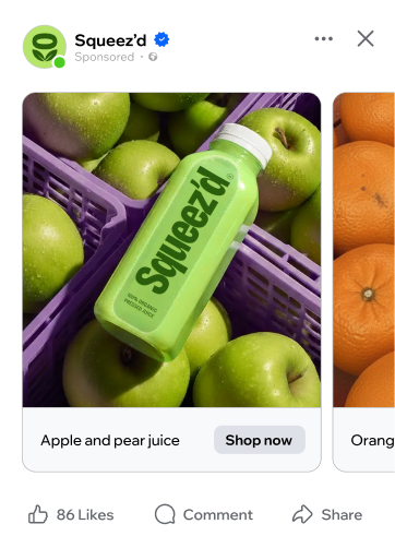 A sponsored social media post for juice from a brand called Squeez’d, showing the bottle nestled in a crate of green apples.