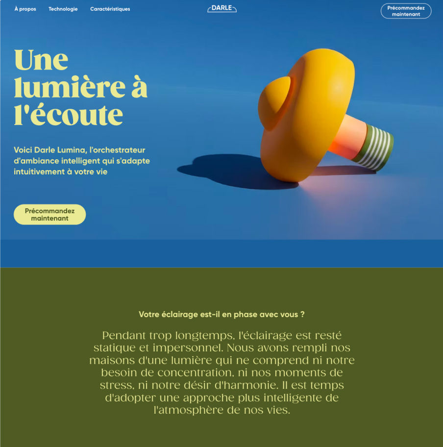 Capture d’écran d’un template de page produit créé avec Wix Harmony, présentant une lampe intelligente jaune avec le titre « Une lumière à l’écoute », axée sur un éclairage adaptatif selon l’humeur.