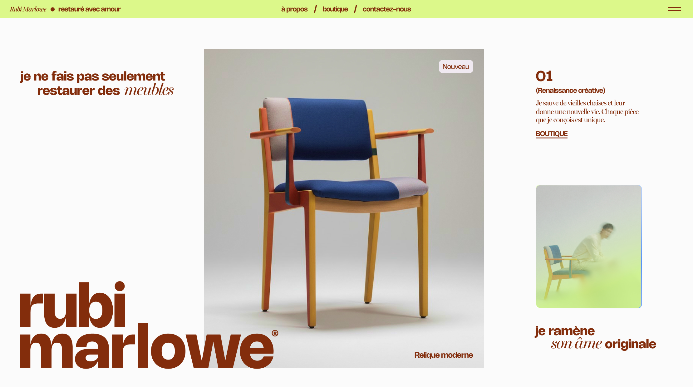 Section principale d'une page d'accueil créée avec l'outil de création de sites web Wix pour un magasin de meubles, présentant une chaise design.