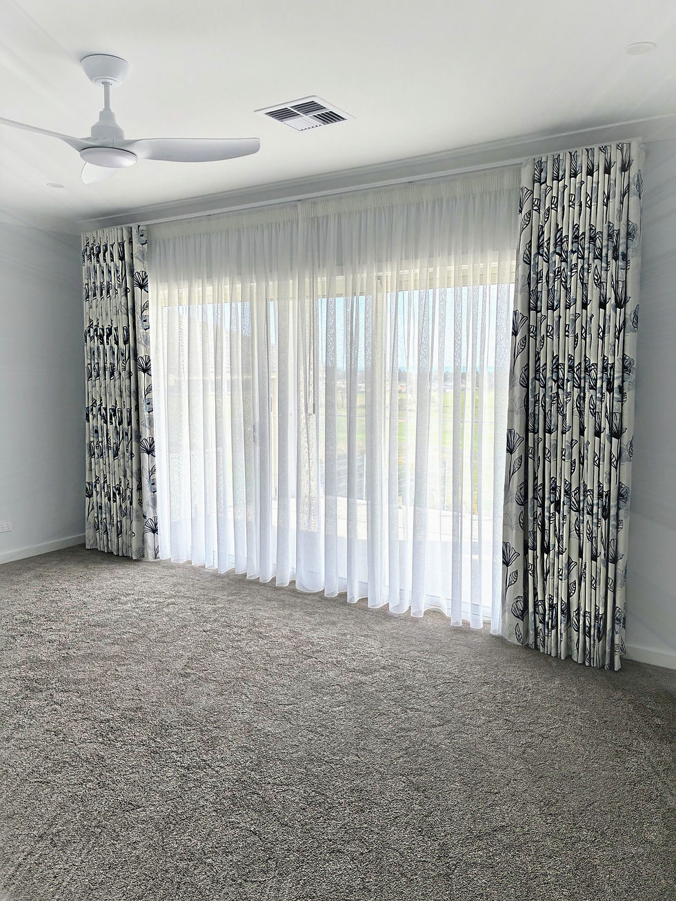 S Fold blockout curtains with sheer curtains on a double track, installed in a new home in Normanville.