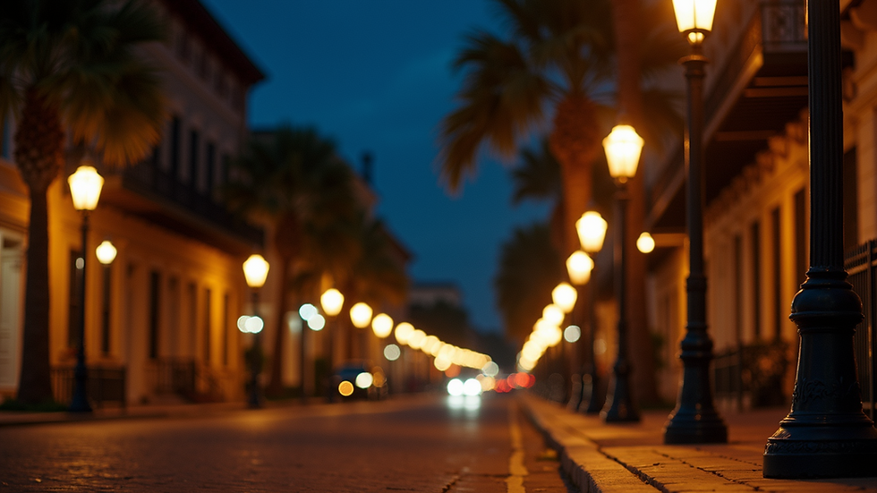 Eye-level view of historic Savannah street with gas lamps at night