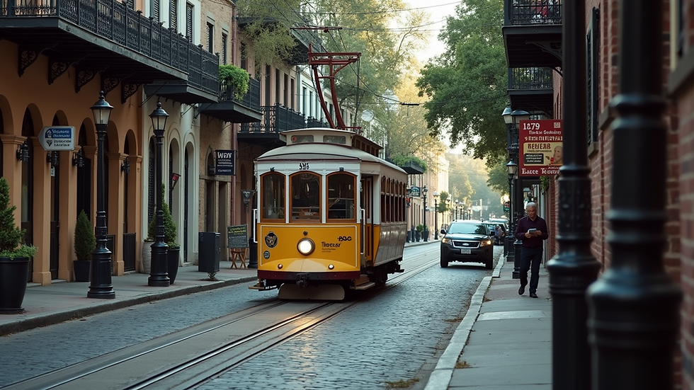 High angle view of trolley moving through Savannah’s historic district