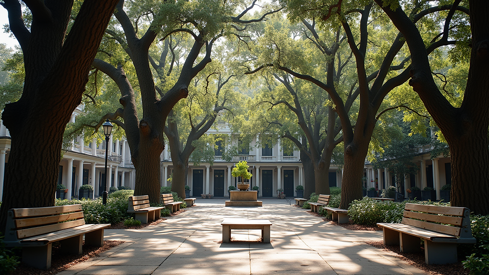 Close-up view of a historic Savannah square with oak trees and benches