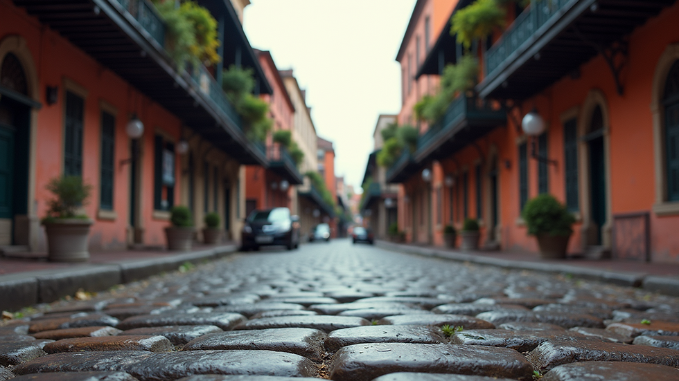 Eye-level view of cobblestone street with historic buildings in Savannah