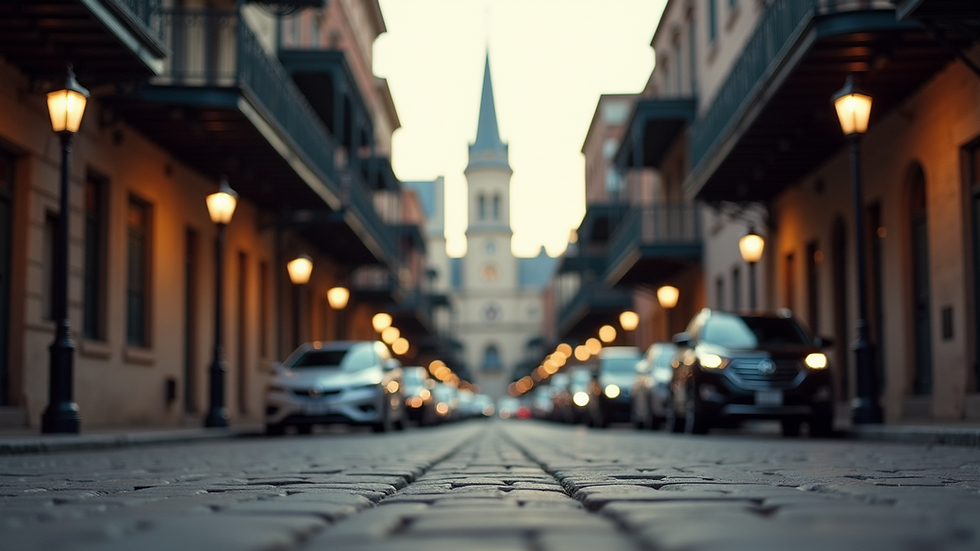 Eye-level view of a historic Savannah street with old buildings and gas lamps