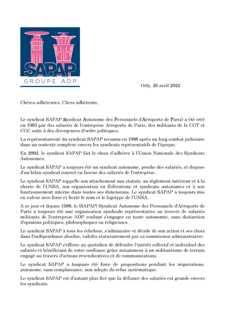 LETTRE AUX ADHERENTS