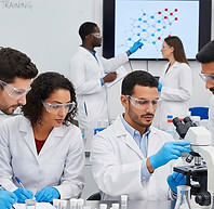 Biotech students in lab wearing lab coats and gloves