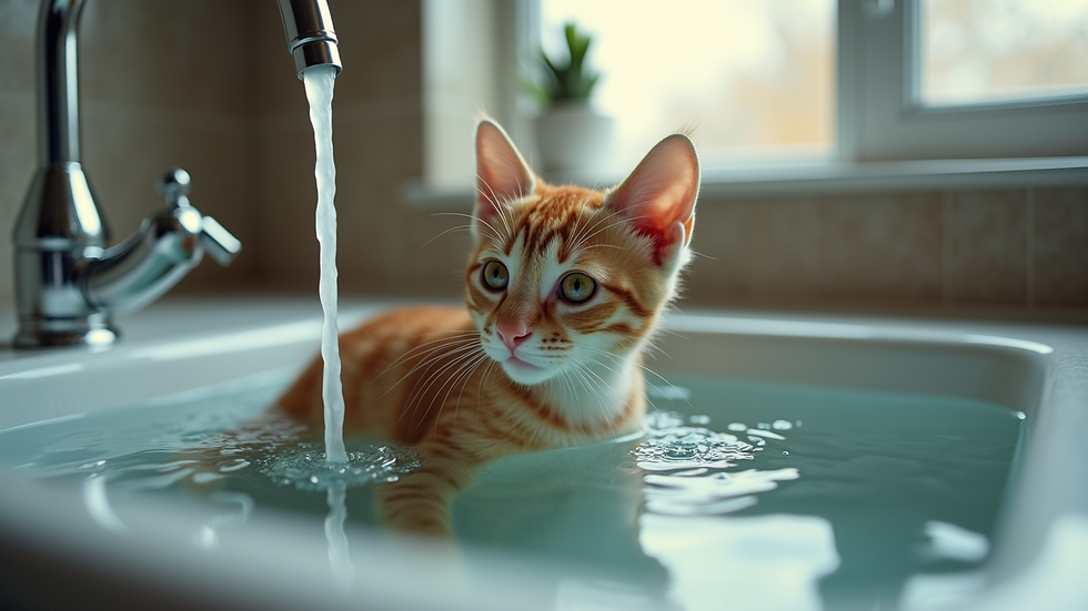 Eye-level view of a cat in a sink with water running gently