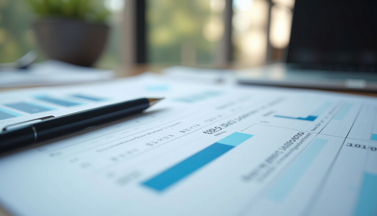 Vue en plongée d’un dossier de financement bien organisé avec graphiques et tableaux