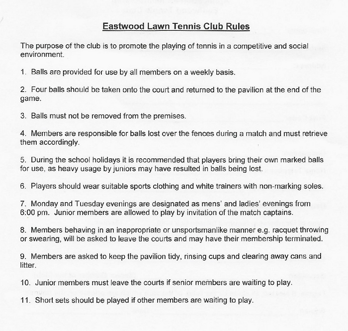 Eastwood Tennis Club Rules