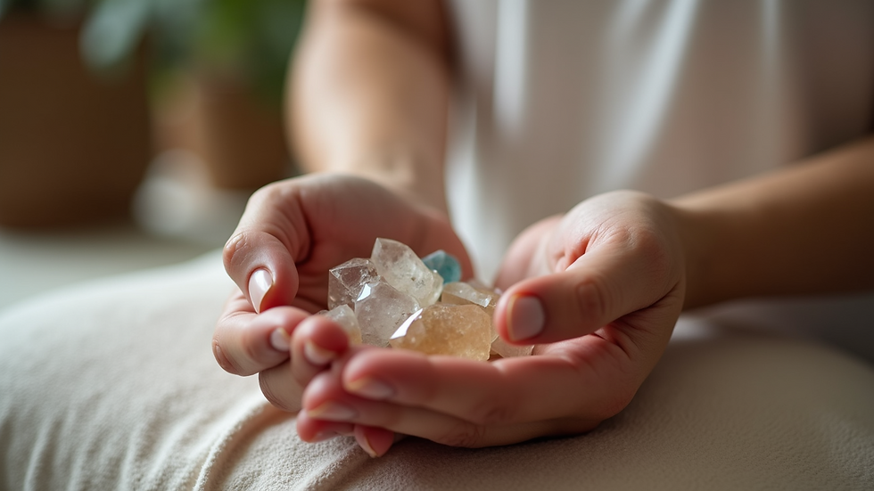 Close-up view of a therapist’s hands holding healing crystals during a session