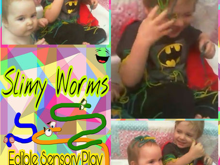 Edible sensory play Rainbow Pasta or “Slimy Worms”in a bath.