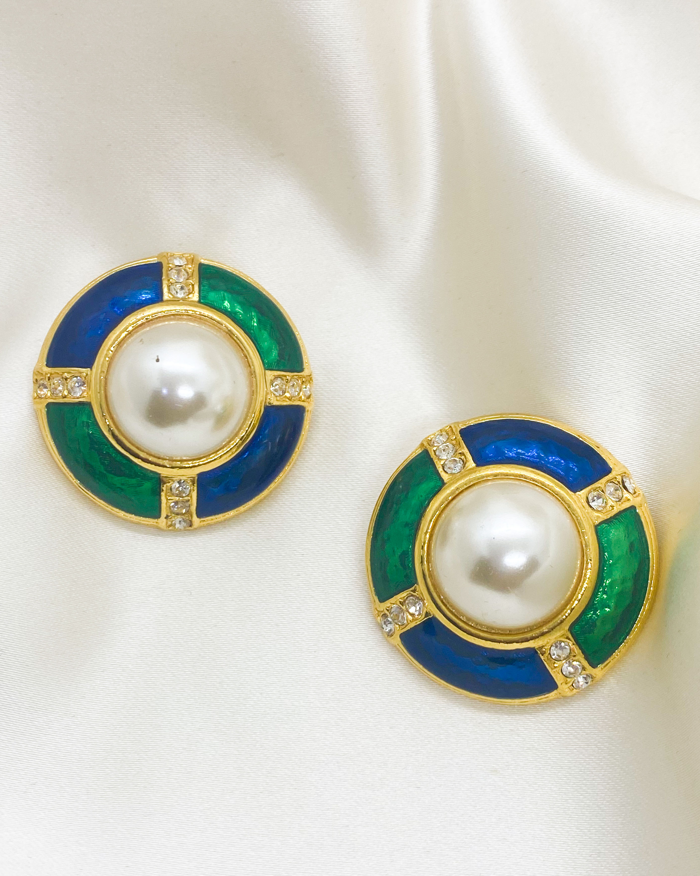 Nautical Blue and Green Enamelled Gold Clip On - Front view 1
