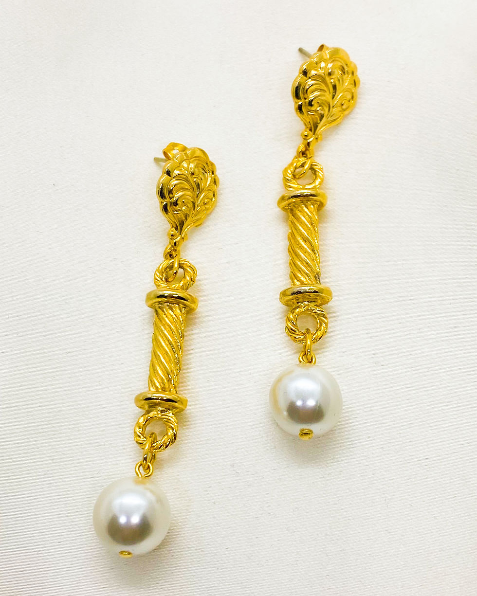 Thumbnail: 1980s Vintage Roman Pillar& Pearl Dangling Earrings