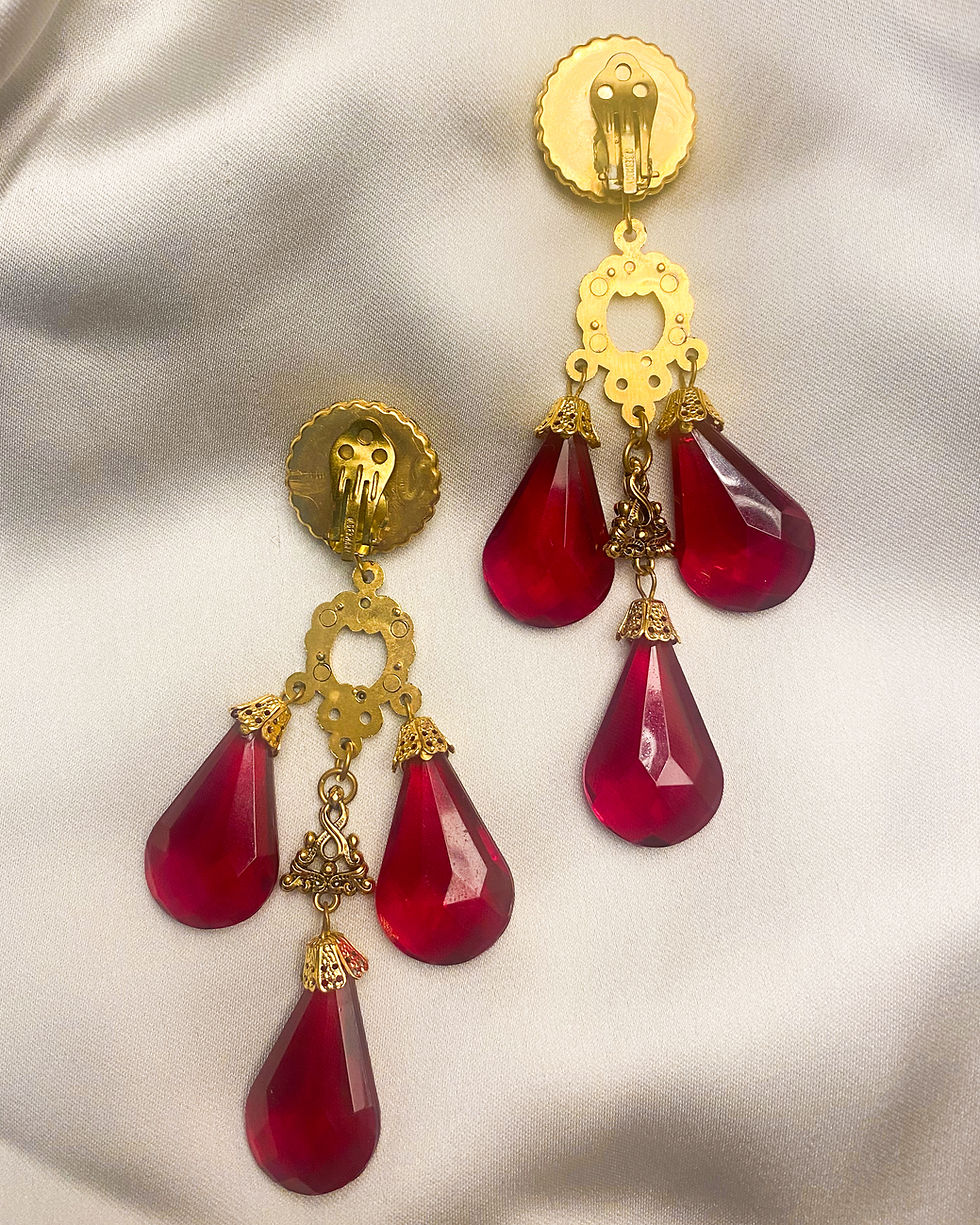 Thumbnail: 1960s Ruby Red Crystals Chandelier Statement Shoulder Duster/Dangler Clip On