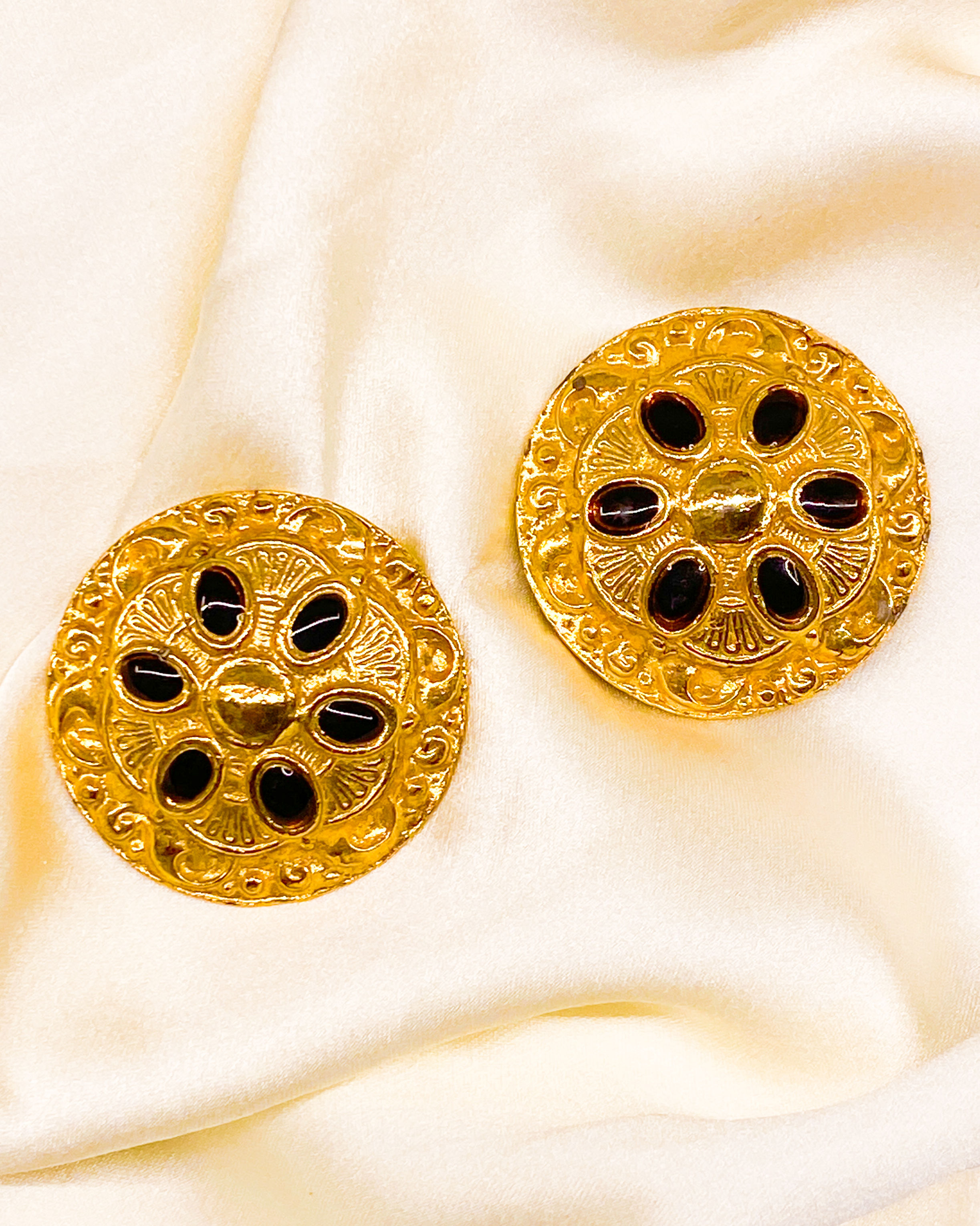 1980s Frank Usher “Sun Relic” Aztec Disc Clip-On Earrings