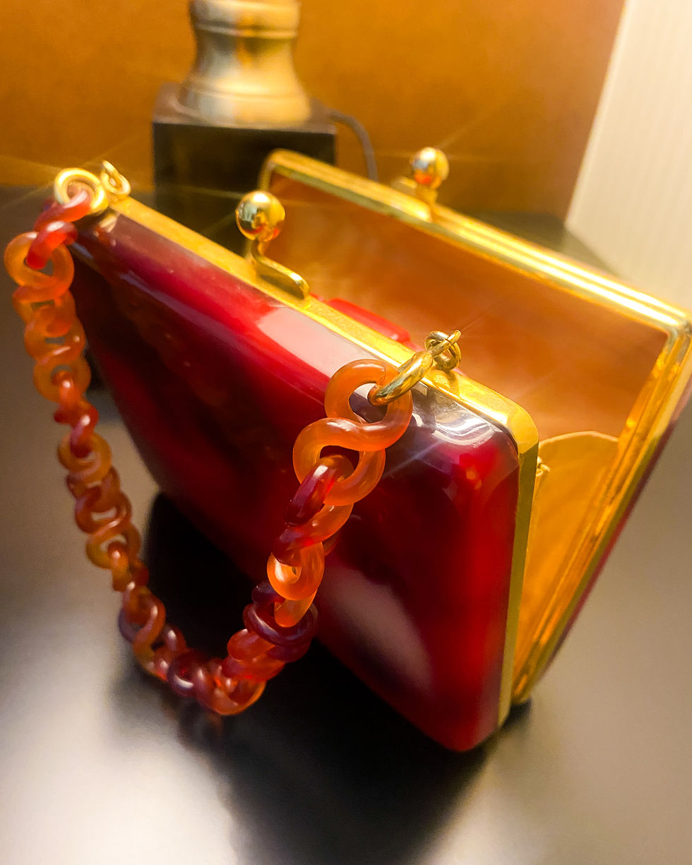 Thumbnail: Legacy Collection – Rare 1940s Lucite Handbag with Retro Red Compact & Mirror