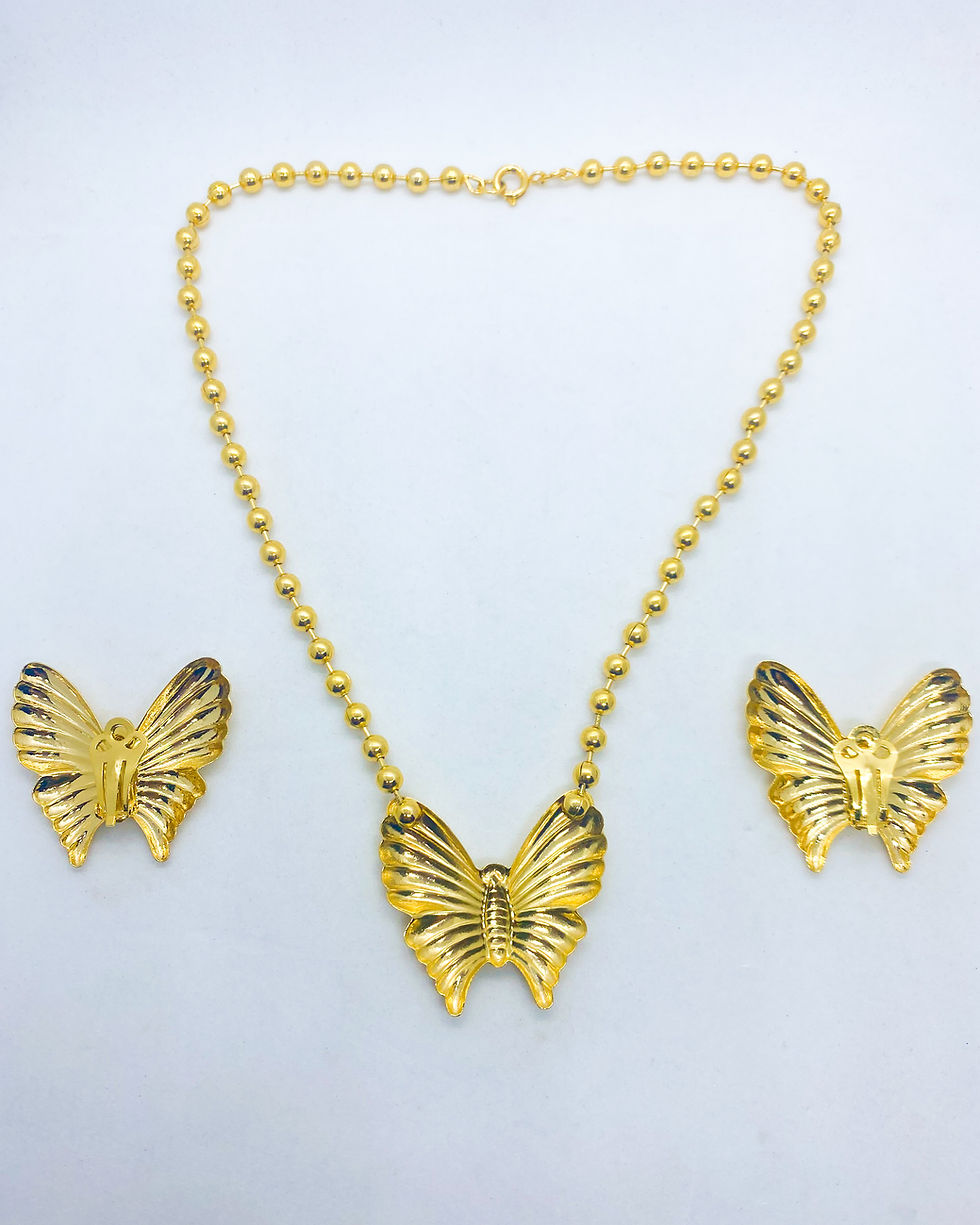 Thumbnail: Golden Wings - 1980s Butterfly Necklace & Clip-On Earrings Set