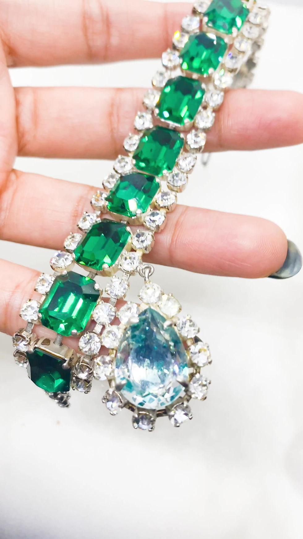 Thumbnail: 1950s PARIS HOUSE LONDON (Signed) Sterling Silver Emerald Bracelet