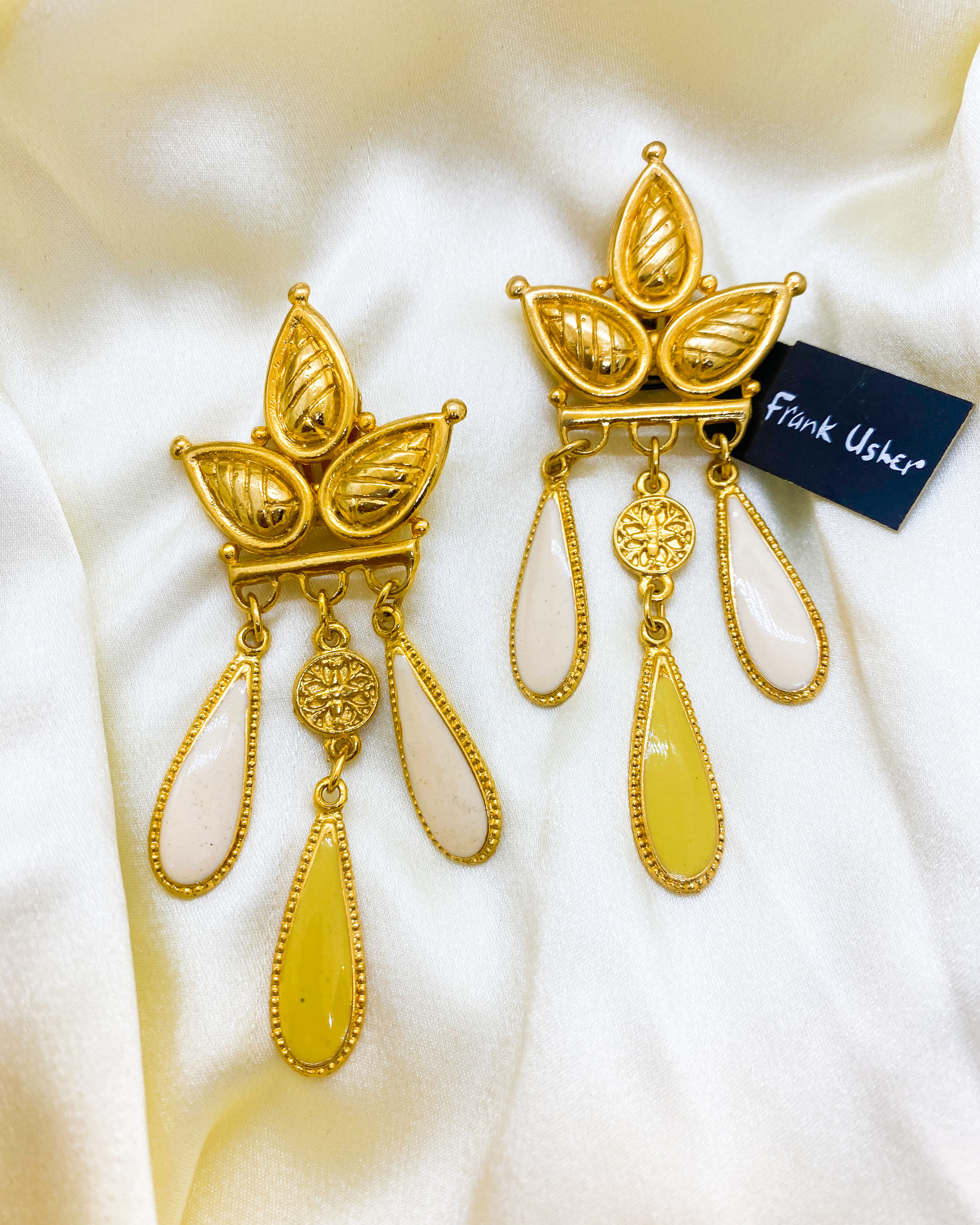 1980s Frank Usher Botanical Chandelier Earrings with Ivory & Citrine Enamel Drop